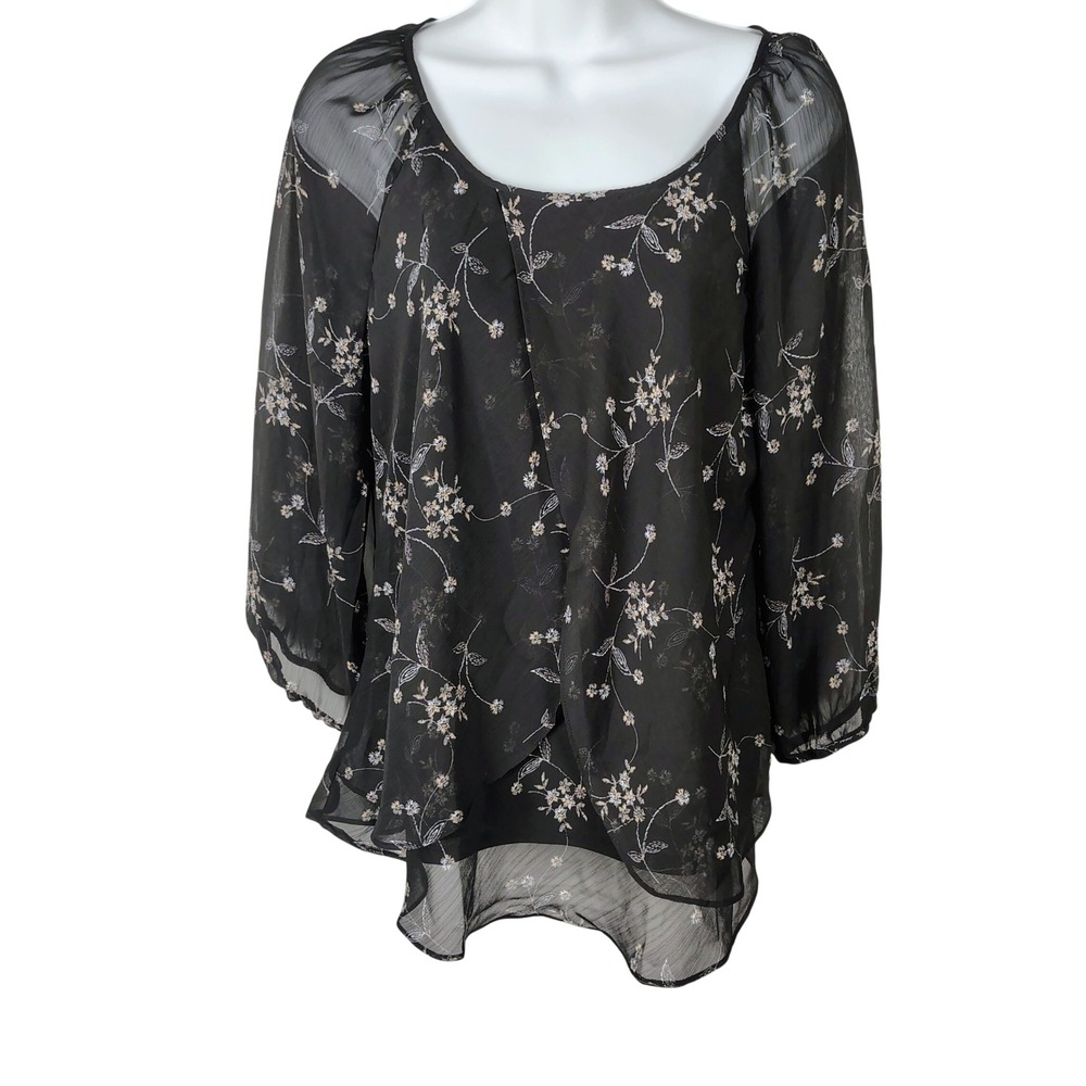 Blousology  Black Floral Sheer Layered Blouse Med summer festival goth vamp dark